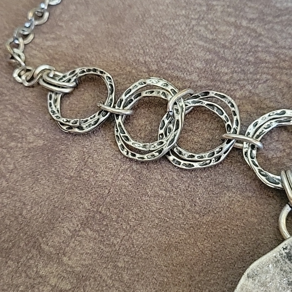 Vtg VCLM Industrial Metal Rhinestone Circle Pendant Festival Chain Necklace - Picture 4 of 7
